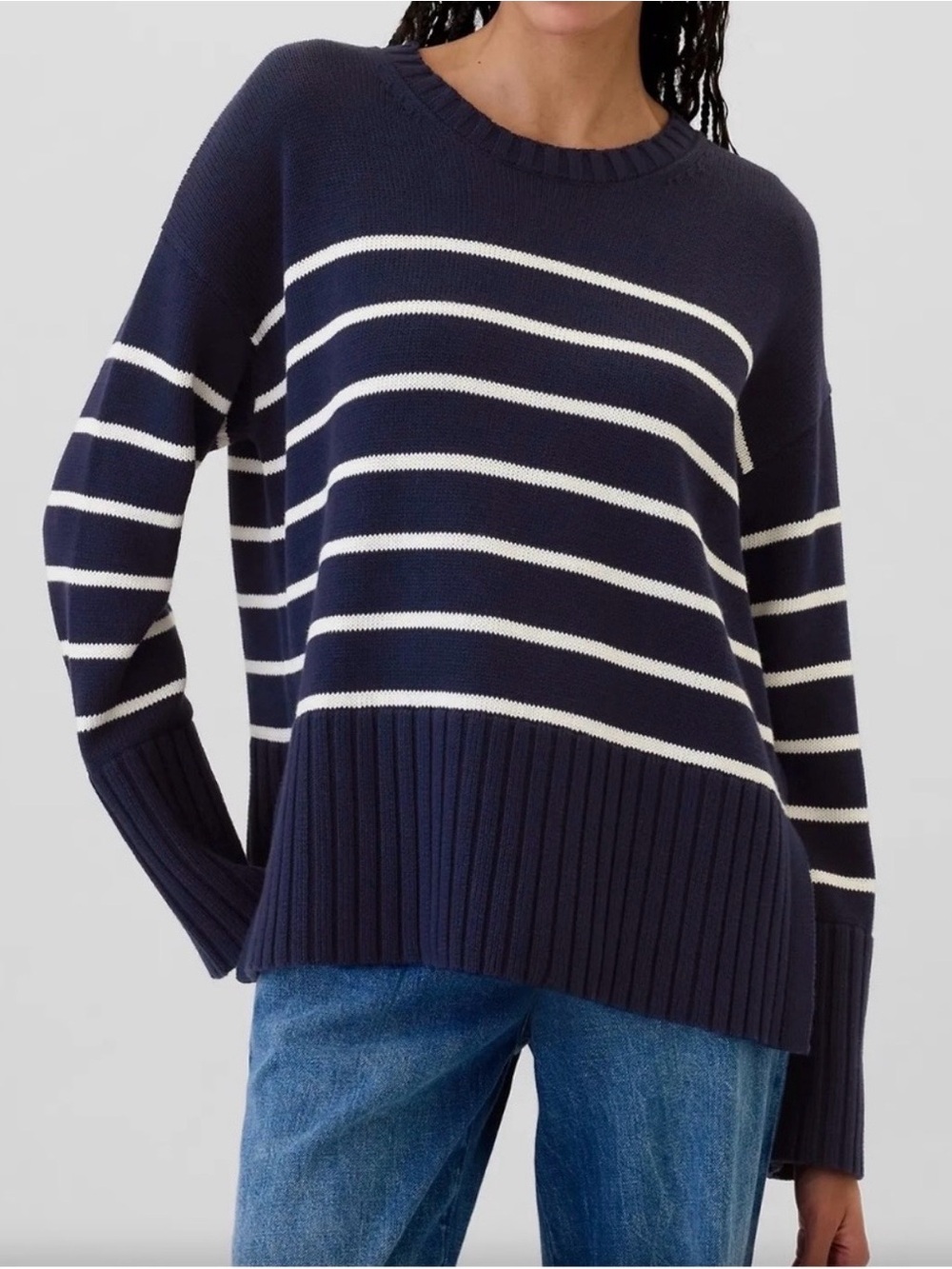 Gap 24/7 Split-Hem Navy and White Stripes
Oversized Crewneck Sweater